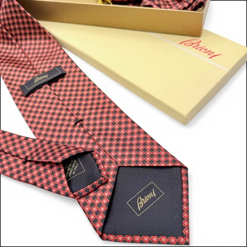 Brioni Micro Geometric Silk Tie Pocket Square Box Set Red Navy Italy Handmade XL